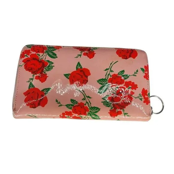 Betsey Johnson Clutch Purse Wallet Rose Print Pink Patent Leather Faux - Picture 2 of 5